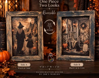 Reversible Halloween Decor | Witch and Child, Black Cat & Crow | Primitive Halloween Framed Art | Handmade Witch Decor