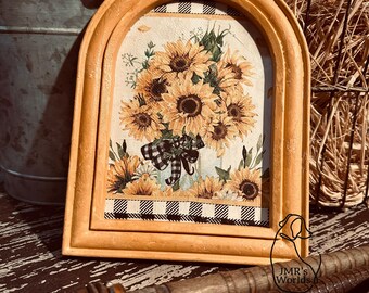Primitive Sunflower Arch Shelf Sitter | Rustic Farmhouse Fall Decor | Buffalo Check Sunflower Sign | Handmade Cottage Style Decor