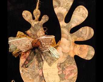 Primitive Folk Art Rooster Wall Decor with Vintage Necklace Legs, Handmade Rustic Hanging