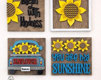 Sunflower Tiered Tray Decor - Kansas State Flower Mini Signs - Rustic Farmhouse Shelf Sitters - Year Round Handmade Wood Collection