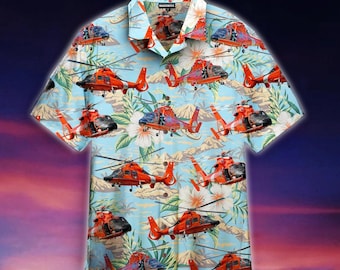 Rettungshubschrauber Hawaiihemd, Küstenwache Tropisches Aloha Hemd, Such- und Rettungsmaske Button Down, Unisex Sommerhemd S–5XL