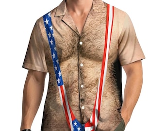 Rolig patriotisk hawaiiskjorta, skjorta med strumpebandshållartryck från USA:s flagga, Aloha-skjorta med konstgjorda håriga bröst, 4 juli-festskjorta, vuxen humorgåva