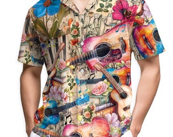 Colorful Guitar Floral Hawaiian Shirt, Music Lover Aloha Shirt, Vintage Art Guitar Button Down, Unisex Summer Beach Festival Outfit S–5XL