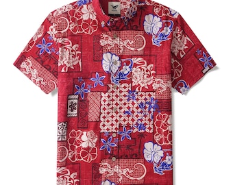 Hawaiiaans rood bloemenshirt Valentijn, vintage aloha-shirt
