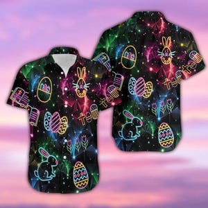 May include: Black button-up shirt with a vibrant Easter-themed design. The shirt features neon-style illustrations of Easter eggs, bunnies, crosses, and flowers against a geometric background. The design incorporates a spectrum of colors, including green, pink, yellow, and blue.