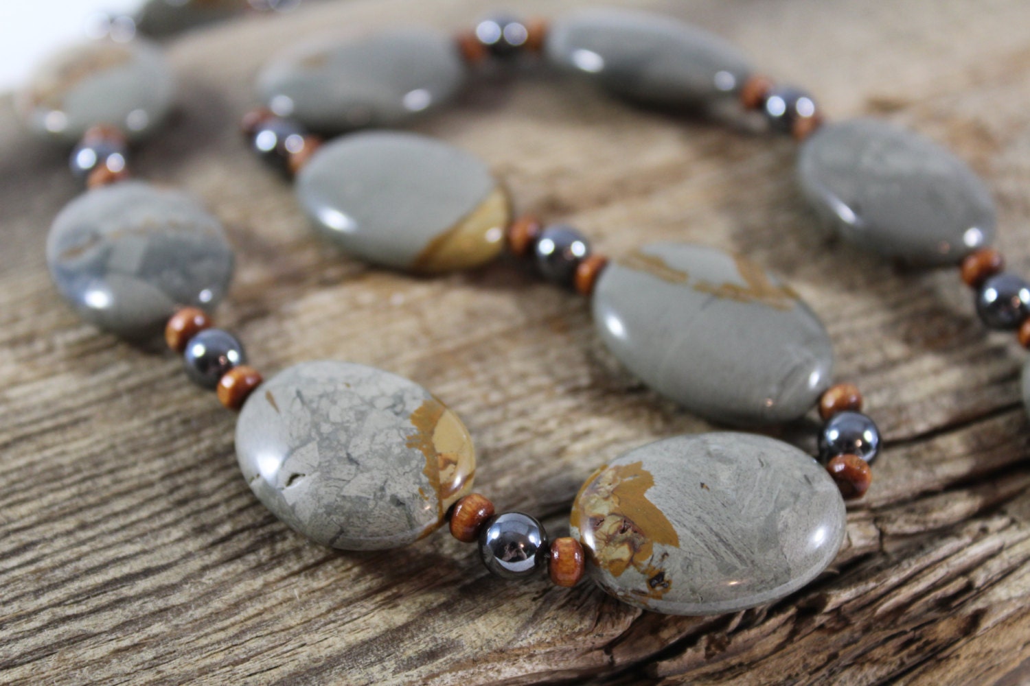 Grey and Brown Jasper Necklace / Hematite Wood / Chunky Etsy