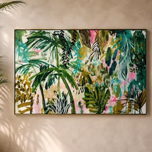 Original tropisk abstrakt målning 102x76 cm | Stor handmålad djungelväggkonst | Modern botanisk duk | Lyxig heminredning