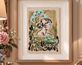 women Hand Painted  textured Linen Wall Art, oil pastel Textile Artwork, Framed Fiber Art,  Mixed Media, One of a Kind