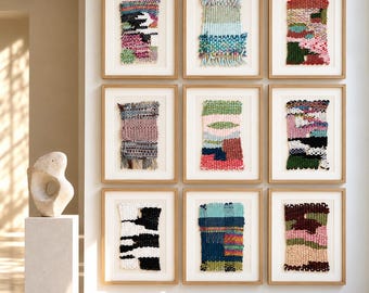 Framed Handwoven Wool Textile Art, Abstract Nature Wall Decor (Set of 9)