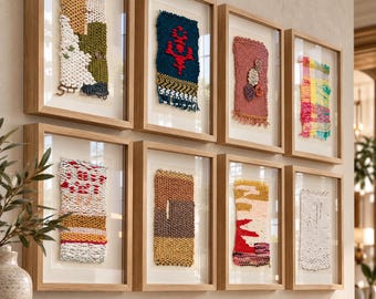Framed Handwoven Wool Textile Art, Abstract Nature Wall Decor (Set of 8)