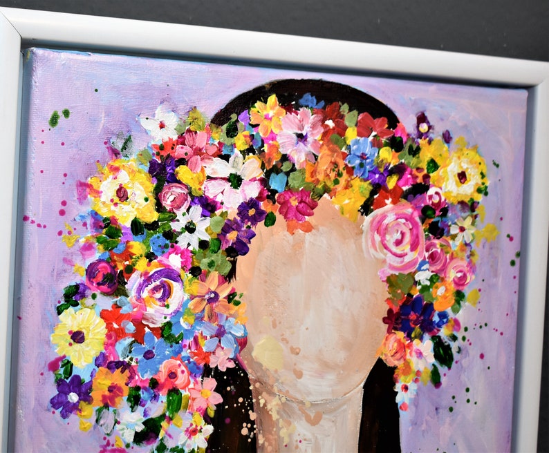 inramad målning blomma flicka akrylmålning av jolina anthony bild 3