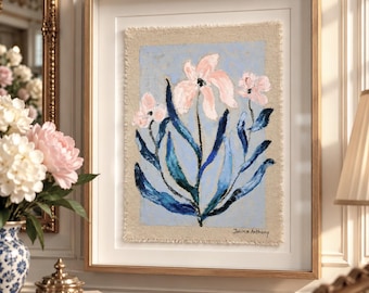 Hand Painted  textured Linen Wall Art, oil pastel Textile Artwork, Framed Fiber Art,  Mixed Media, One of a Kind