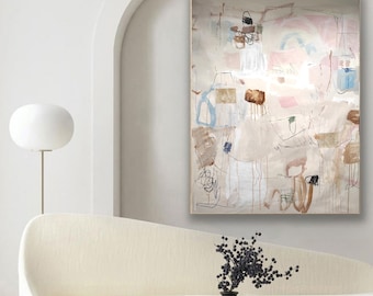 Mid Century Modern Abstract Painting, Vintage Letter Art, 48x38