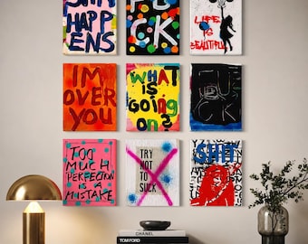 Set of 9 Original Pop Art Paintings | Graffiti Street Art Canvas | Colorful Modern Wall Art | Urban Contemporary Art | Gallery Wall Decor