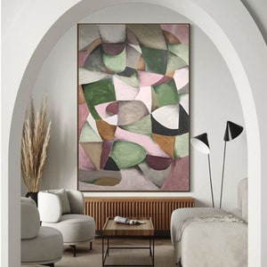 Large Abstract Painting: Green, Pink Rosa, Jolina Anthony Art (42x28)