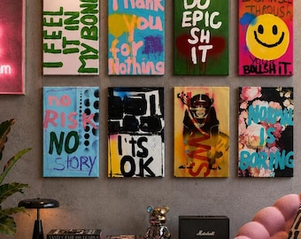 Set of 8 Original Pop Art Paintings | Graffiti Street Art Canvas | Colorful Modern Wall Art | Urban Contemporary Art | Gallery Wall Decor