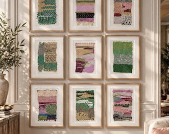 Framed Handwoven Wool Textile Art, Abstract Nature Wall Decor (Set of 9)