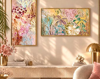 ready to hang Original Abstract Floral Painting Set of 2, Botanical Wall Art, in Canvas Art, Modern Flower Artwork