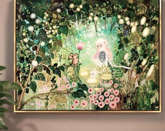Peinture originale et onirique représentant une forêt (61 x 81 cm) | Décoration murale féerique inspirée des bois | Œuvre d'art fantastique sur le thème de la nature | Pièce unique