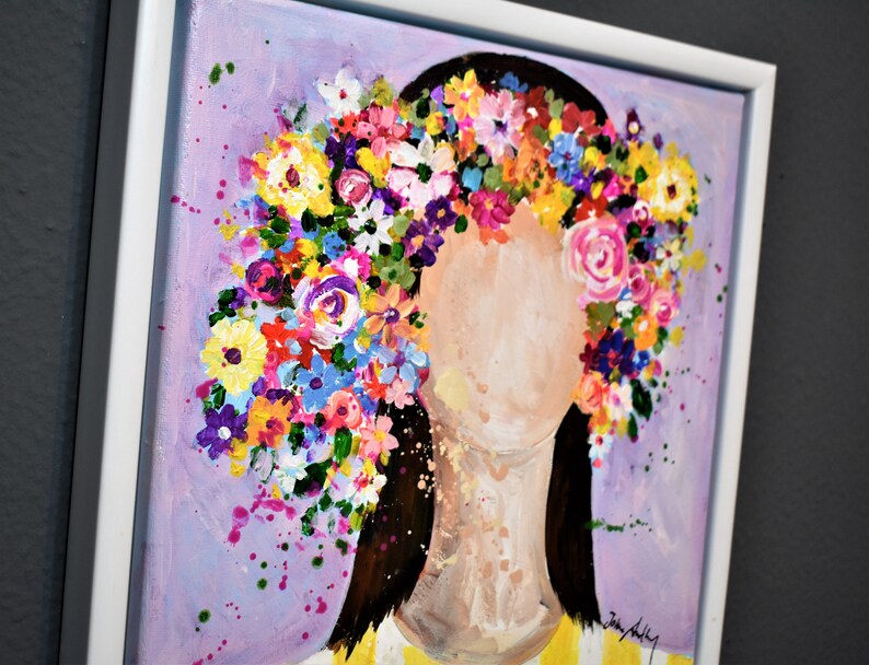 inramad målning blomma flicka akrylmålning av jolina anthony bild 4
