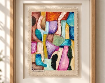 Hand Painted  textured Linen Wall Art, oil pastel Textile Artwork, Framed Fiber Art,  Mixed Media, One of a Kind