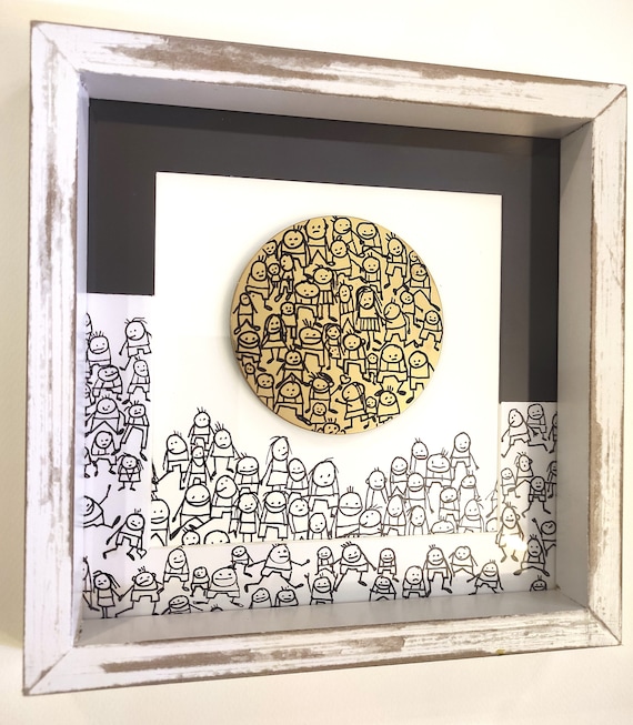 Framed Brass Metal Plate Painting, Abstract People Art