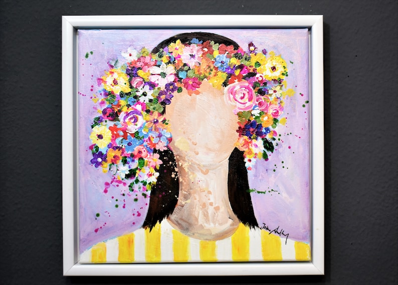 inramad målning blomma flicka akrylmålning av jolina anthony bild 1