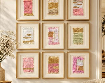 Framed Handwoven Wool Textile Art, Abstract Nature Wall Decor (Set of 9)