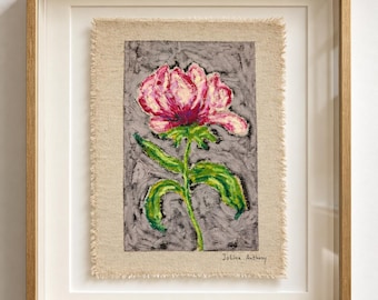 Hand Painted  textured Linen Wall Art, oil pastel Textile Artwork, Framed Fiber Art,  Mixed Media, One of a Kind