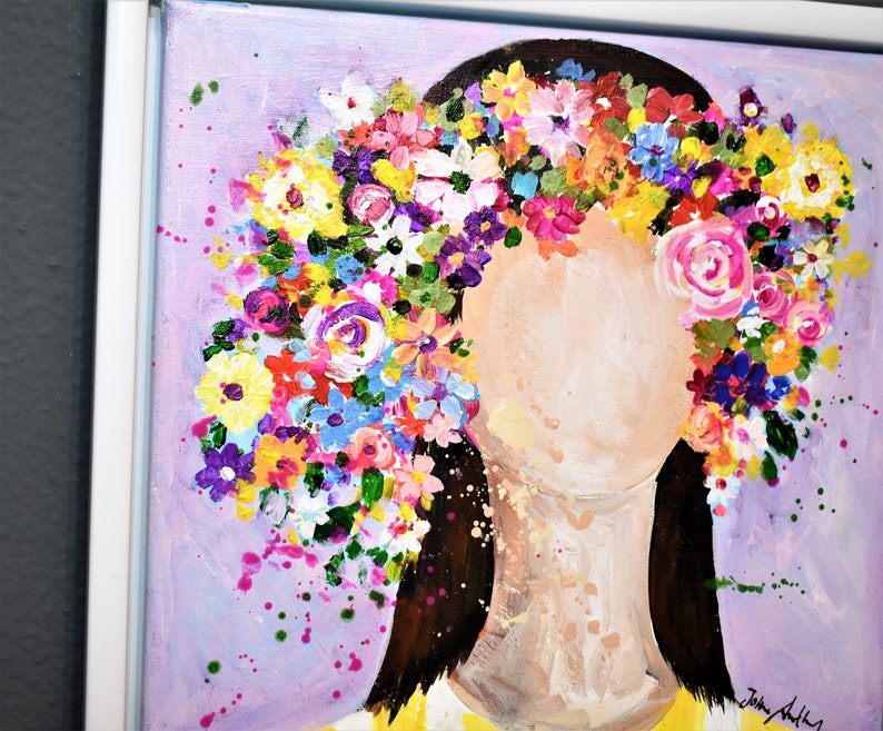 inramad målning blomma flicka akrylmålning av jolina anthony bild 2