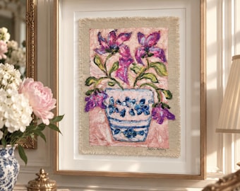 Hand Painted  textured Linen Wall Art, oil pastel Textile Artwork, Framed Fiber Art,  Mixed Media, One of a Kind
