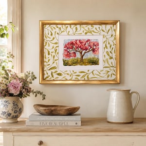 Original oljepastellmålning med träd inramad | Handmålad passepartout | Guldram | Väggkonst med blommigt träd | Klar att hängas | OOAK