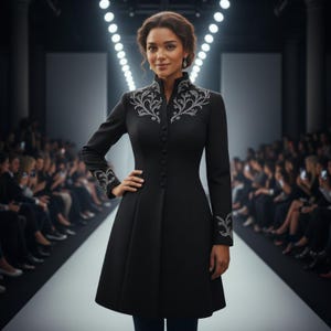 May include: A black coat with silver embroidery on the collar and sleeves. The coat has a button-down front and a flared skirt. The model is standing on a runway with an audience in the background.