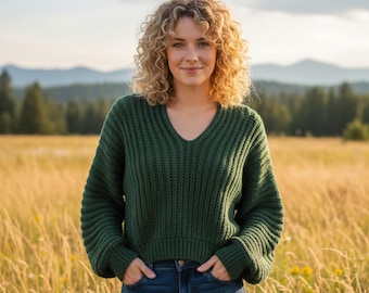 Relaxed V Neck Crochet Sweater Pattern | Baggy Fit Crochet Pullover Pattern | Oversized Cozy Crochet Sweater | PDF