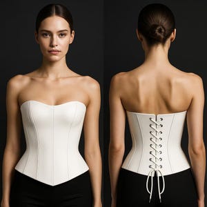 May include: A white strapless corset with a sweetheart neckline. The corset has vertical seams and a laced back. The model is wearing black pants. The image shows the front and back of the corset.