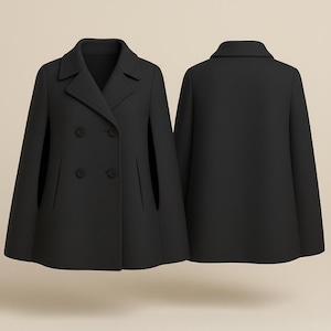 Può includere: Un cappotto a mantella nero doppiopetto con colletto a revers e quattro bottoni. Il cappotto ha un design classico con vista anteriore e posteriore, che mostra la sua silhouette su misura e le maniche a mantella.