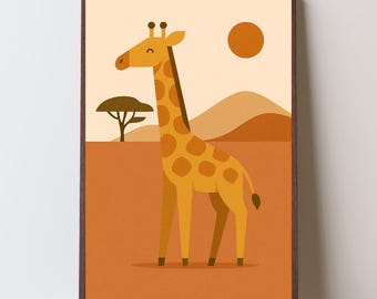 Giraffe Safari Nursery Wall Art, Jungle Animal Illustration for Kids Room Decor