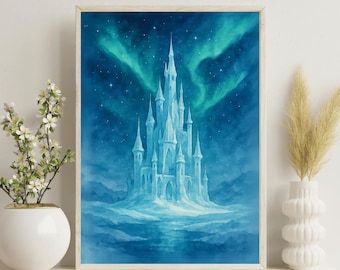 Impresión de castillo de hielo / Decoración del hogar con fantasía de aurora boreal