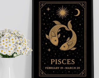 Pisces Sternzeichen Wandkunst - Pisces Print Print | Sternzeichen Poster | Horoskop Wohndekor | Fische Geschenk | Moderne Sternzeichen Zeichnung