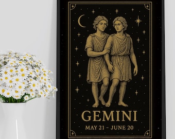 Impressão do Zodíaco de Gêmeos Dourado – Arte de Parede de Astrologia Celestial