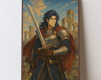 Armored Knight Art Print – Anime Fantasy Warrior with Golden Sword