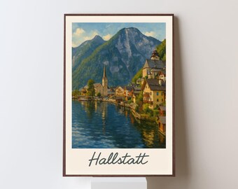 Lámina de Hallstatt, póster de viaje a Austria, pintura de un pueblo alpino, decoración de paisajes europeos