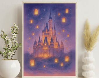 May include: A framed watercolor print of a fairytale castle at night, with floating lanterns and a starry sky. The castle is illuminated with warm light, set against a purple and pink gradient background. The artwork is displayed on a white shelf.