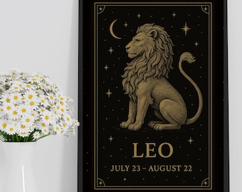 Gold Löwe Sternzeichen Druck: Celestial Lion Astrology Art