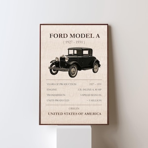 Könnte beinhalten: Gerahmter Druck eines schwarzen Ford Model A von 1927-1931. Der Druck enthält Informationen zum Motor, Getriebe und zur Produktionsmenge des Autos. Der Ursprung des Autos wird mit den Vereinigten Staaten von Amerika angegeben.