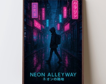 Póster de callejón de neón / Arte callejero de anime cyberpunk