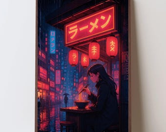 Neon Tokyo Night Ramen Kunstdruck - Anime Mädchen im Regen - Cozy Urban Decor