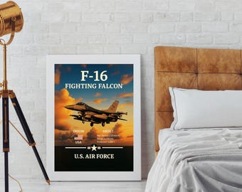 Poster F-16 Fighting Falcon / Arte murale a forma di aereo da caccia / Decorazione con stampa di aeroplano dell'aviazione militare