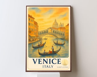 Venice Poster: Vintage Gondola & Rialto Bridge Illustration