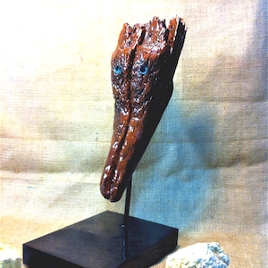 El nombre de la escultura de madera flotante natural es &quot;Cocodrilo de ojos azules&quot;, obra de arte de madera flotante, arte de pared costero rústico, decoración del hogar.